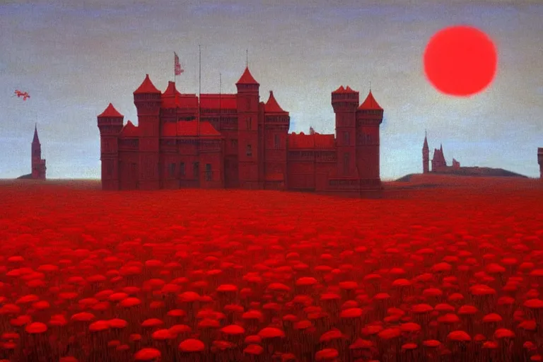 Image similar to only with red, red flowers of different types, a castle in the background, red giants rest over the flowers, in the style of beksinski, part by hopper, part by rodcenko, part by hofbauer, intricate composition, red by caravaggio, insanely quality, highly detailed, masterpiece, red light, artstation, 8 k