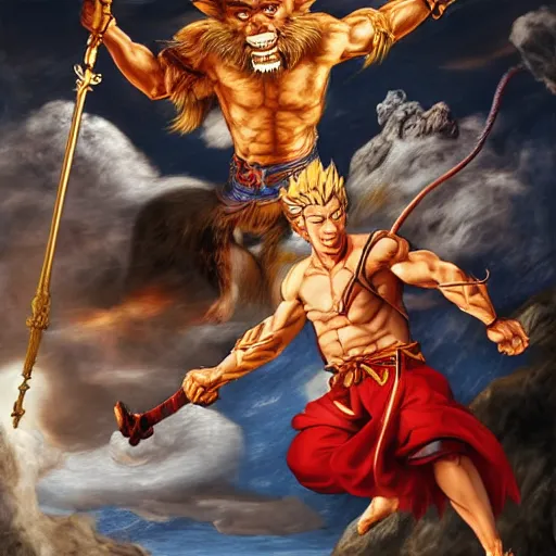 Image similar to Sun Wukong vs god, Journey to the west, 4k, art by Peter Paul Rubens