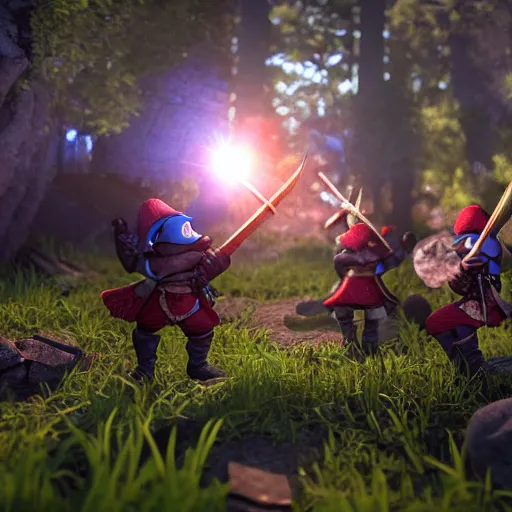 Prompt: epic battlefield of smurfs with medieval weapons battling, red moon shining golden red light, miniaturecore, nintendocore, supremely digital, medieval, unreal engine, super detailed, dreamlike lighting, god rays