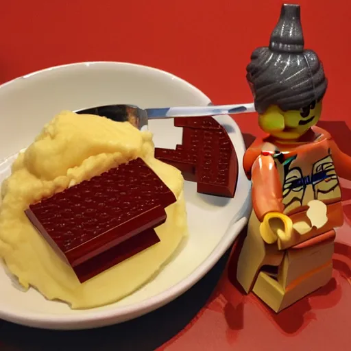 Image similar to Lego bricks on orange gravy , mashed potatoes, Michelin star, award winning