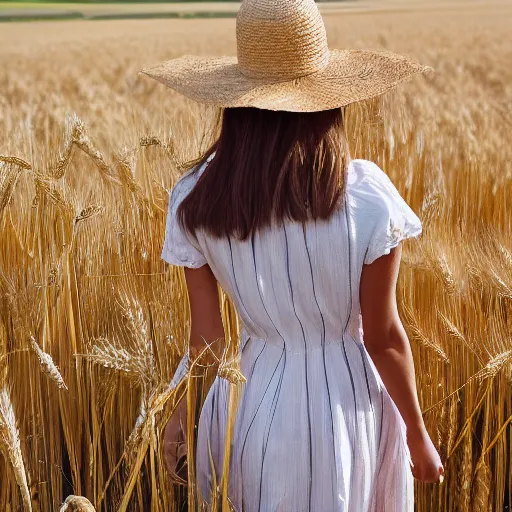 Prompt: a magazine photo of a young woman wearing a sundress and straw hat, walking through a field of wheat, her hand grazing on the wheat as she walks by, looking back over her shoulder, shot from behind, three quarter portrait