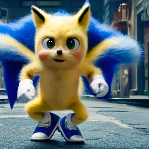 Prompt: a film still of sonic in detective pikachu