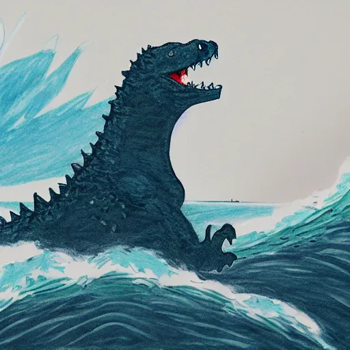 Image similar to a wave in the shape of Godzilla, cartoon drawing