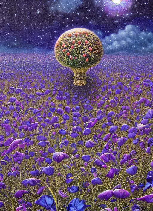 Image similar to detailed, intricate blue black and purple papaverum flower on the field, nebula, galaxy in the sky, winning award masterpiece, fantastically beautiful, illustration, aestheticly inspired, jacek yerka, upscale with anguissola sofonisba work, artstation, 8 k