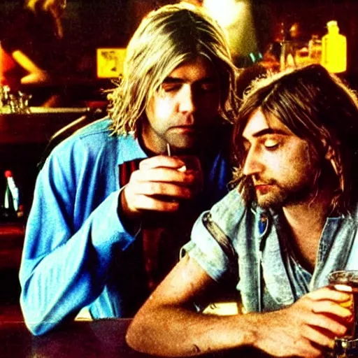 Prompt: a close - up stunning fantasy scene of kurt cobain drinking at a bar with layne staley | highly detailed | very intricate