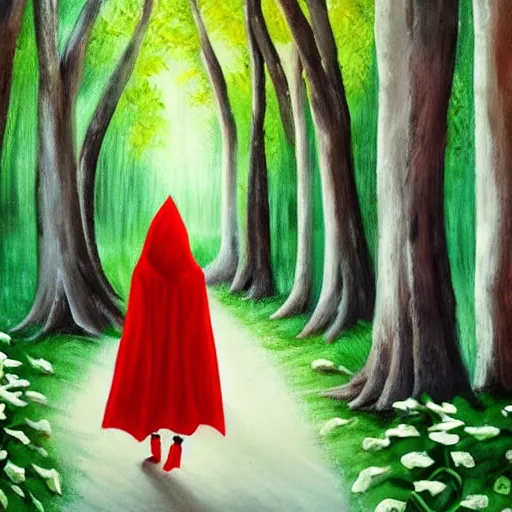 Image similar to little red riding hood walking through a dark forest, surrounded by brugmansia trees with white flowers, painting