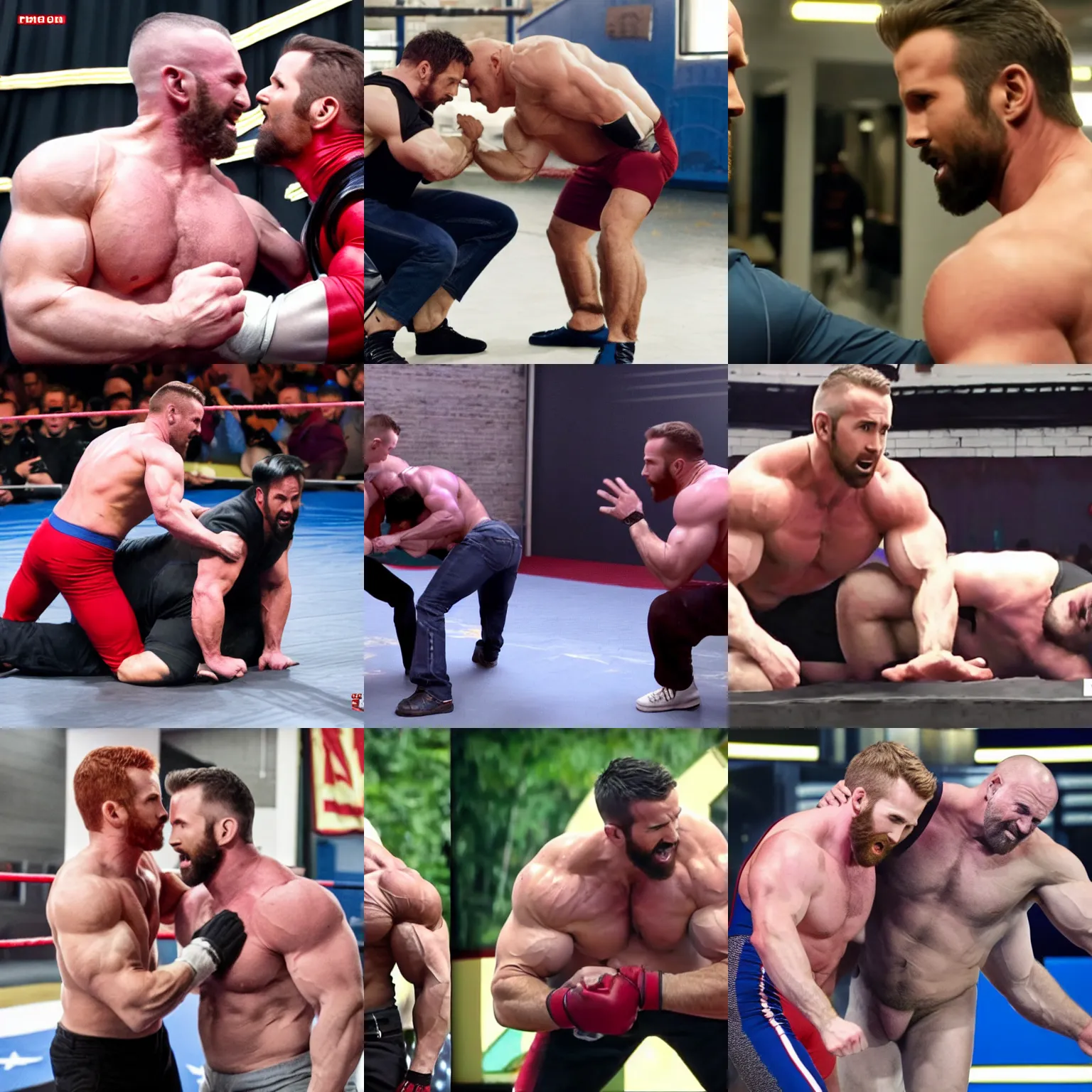 Prompt: muscular chris evans wrestling with strongman ryan reynolds, masculine, powerful, 4 k hd