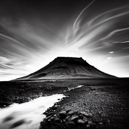 Prompt: Landscape photography, Icelandic, Photography, Color Grading, DSLR, Long Exposure, Black and White with blue filter, Beautiful Lighting