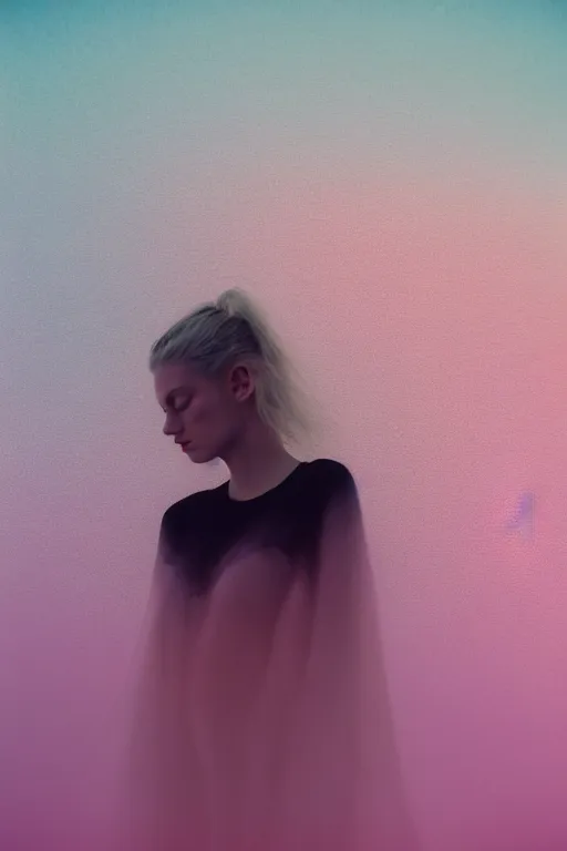 Image similar to high quality pastel coloured film close up wide angle photograph of a model wearing clothing swimming on cloud furniture in a icelandic black rock!! environment in a partially haze filled dreamstate world. three point light, rainbow. photographic production. art directed. pastel colours. volumetric clouds. pastel gradient overlay. waves glitch artefacts. extreme facial clarity. 8 k. filmic.