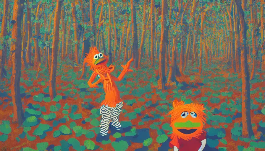 Prompt: safety cones scattered around an oak tree forest, man in muppet bigfoot sri lankan mask costume dancing in the distance dancing, by james jean by ilya kuvshinov kintsugi, hyper detailed surrealist painting