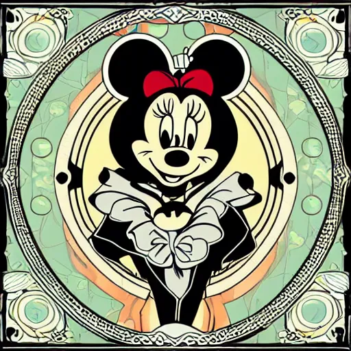 Image similar to anime manga skull portrait minnie mouse disney cartoon skeleton illustration style by Alphonse Mucha pop art nouveau with detailed patterns and emojis