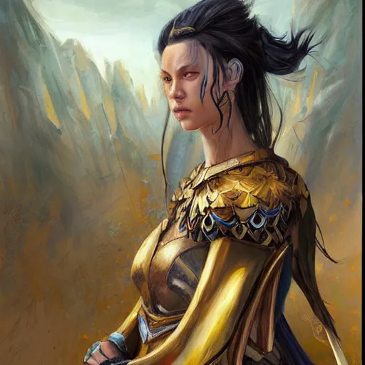 Prompt: highly detailed painting of a warrior goddess with southeastern asian, tan skin, blue eyes, golden armor with cape and brown hair high fantasy art by jon foster trending on arstation