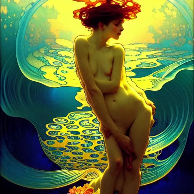 Image similar to mind bending indigo ocean waves of glossy psychedelic liquid honey flowing like kaleidoscopic translucent amber, lsd waves honey ripples, crystal clear, backlit, sunset, refracted lighting, art by collier, albert aublet, krenz cushart, artem demura, alphonse mucha