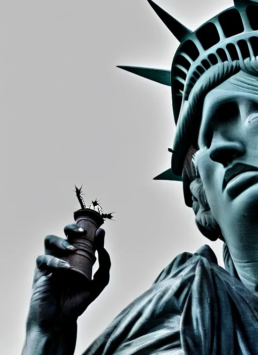 Prompt: Tom Waits eating Statue of Liberty, color photograph portrait 4k