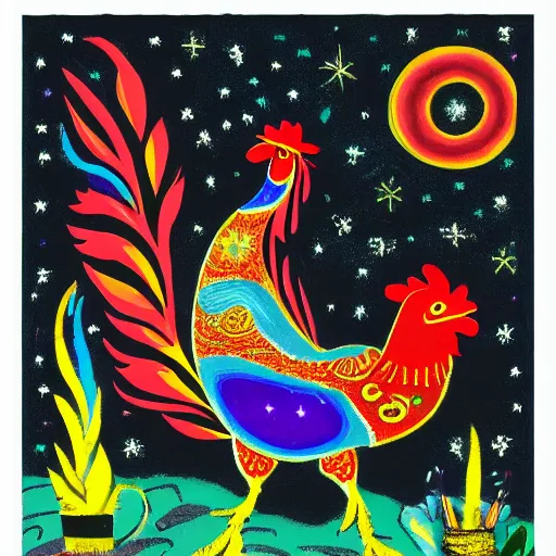 Prompt: a cosmic rooster, animated, sharp focus