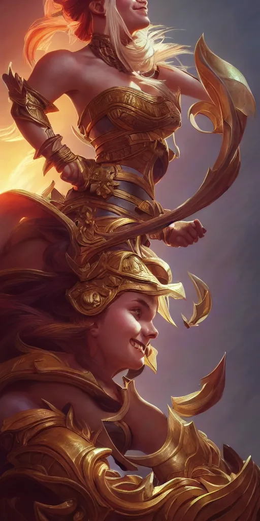 Image similar to portrait of a warrior smiling upon victory, league of legends, intricate, highly detailed, digital painting, hyperrealistic, artstation, concept art, smooth, sharp focus, illustration, Unreal Engine 5, 8K, art by artgerm and greg rutkowski and alphonse mucha, by Jesper Ejsing