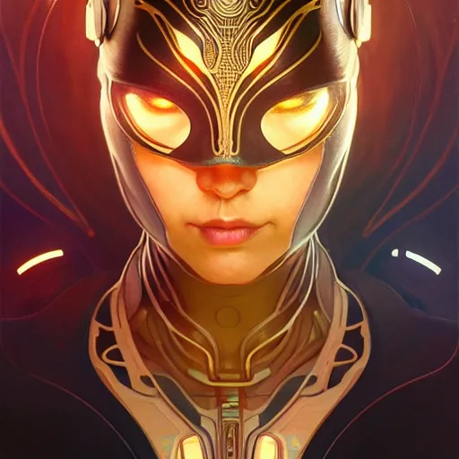 Image similar to superhero, sci fi, glowing eyes, volumetric lights, gold theme, art nouveau botanicals, intricate, highly detailed, digital painting, artstation, concept art, smooth, sharp focus, cinematic, illustration, beautiful face, art by artgerm and greg rutkowski and alphonse mucha