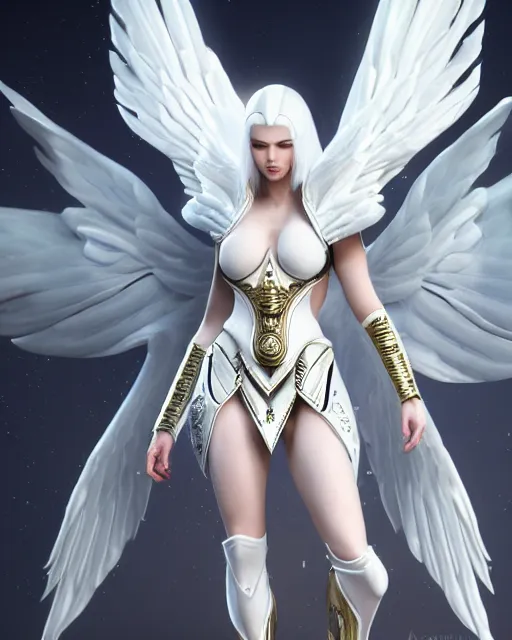 Image similar to perfect white haired egyptian goddess wearing white dove wings, warframe armor, regal, attractive, ornate, sultry, beautiful, charlize theron, half asian, pretty face, blue eyes, detailed, scifi platform, 4 k, ultra realistic, volumetric lighting, illuminated, cinematic, masterpiece, art by akihito tsukushi, voidstar