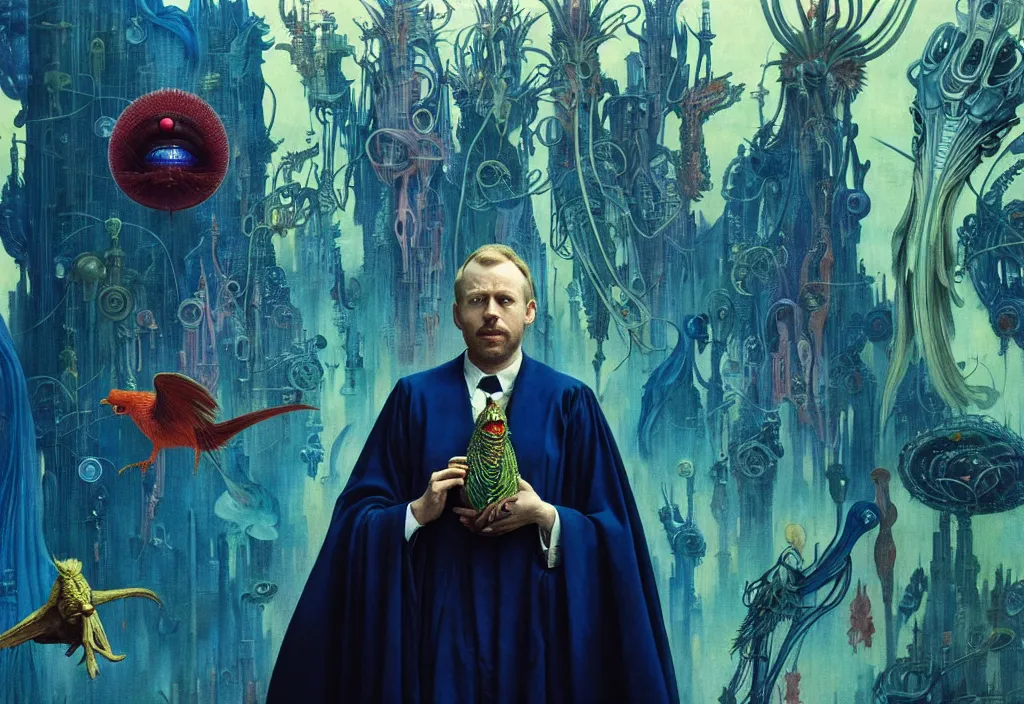 Prompt: realistic detailed portrait movie still of a birdman wearing dark robes, sci fi city landscape background by denis villeneuve, amano, yves tanguy, alphonse mucha, ernst haeckel, max ernst, roger dean, ridley scott, masterpiece, rich moody colours, blue eyes, snarling dog teeth