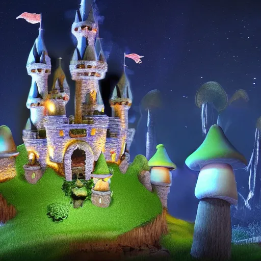 Image similar to mushroom castle at night, ultra realistic, 4 k resolution