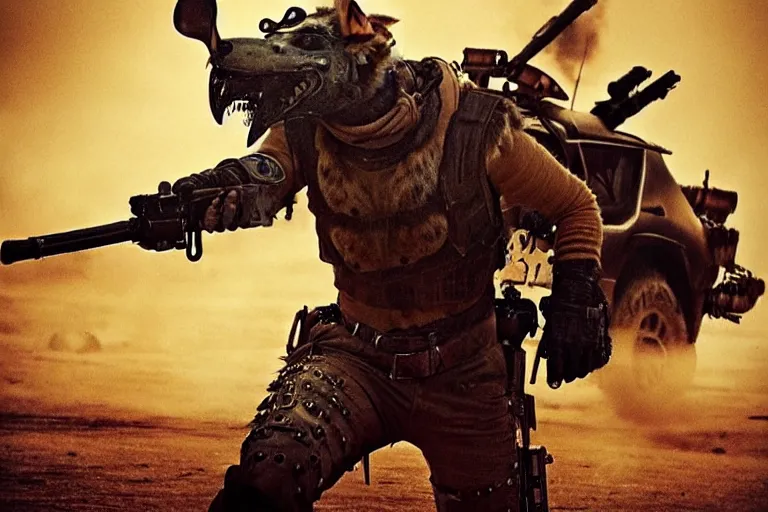 Image similar to a good ol'coyote fursona ( from the furry fandom ), heavily armed and armored facing down armageddon in a dark and gritty version from the makers of mad max : fury road. witness me.