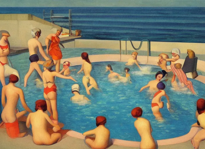 Prompt: a painting of a group of people playing in a pool at the edge of the world, an art deco painting by mark gertler, featured on flickr, american scene painting, 1 9 2 0 s, art deco, ilya kuvshinov