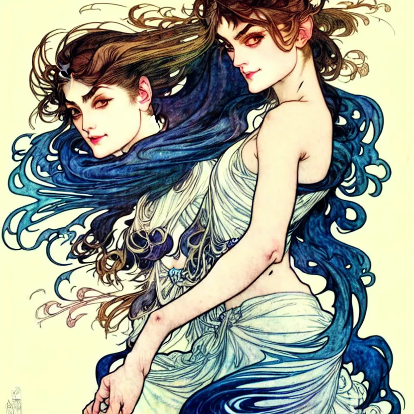 Image similar to in the style of artgerm, arthur rackham, alphonse mucha, phoebe tonkin, symmetrical eyes, symmetrical face, flowing blue skirt, hair blowing, intricate filagree, hidden hands, warm colors, cool offset colors