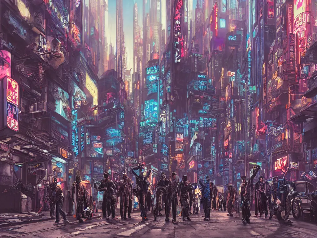 Image similar to a hyperrealistic matte painting of a cyberpunk gang on the streets of a lofty city, gritty, cyberpunk ads, piping, cables, art deco architecture, graffiti, fine detail, intricate, polished, blue color scheme, cinematic lighting, by john smith, noriyoshi ohrai