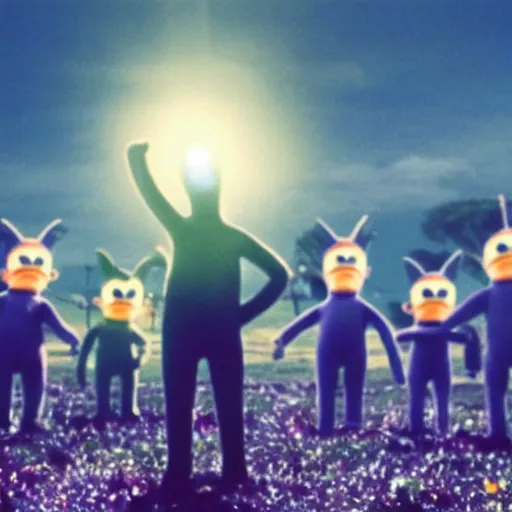 Prompt: photograph of slenderman standing behind some teletubbies, waving its arm, cinematic shot, backlighted