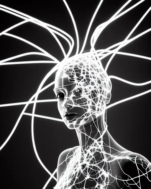 Image similar to black and white connected cyborg - plant goddess high quality photo, microchip, artificial intelligence, bio - mechanical bio - luminescence, black wired cables, neurons, nerve cells, cinematic, rim light, photo - realistic, elegant, high detail, 8 k, masterpiece, high fashion