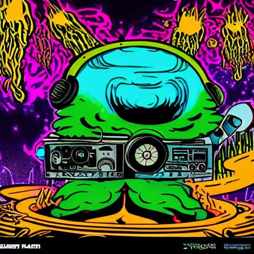 Image similar to svg sticker of a Pop-Wonder Alien-Bog-Monster-Swamp-Rat-Thunder-Coot-Racing-Fan at a rave, spinning records, giant headphones rocking out, wearing headphones, huge speakers, dancing, rave, DJ, spinning records, digital art, amazing composition, rule-of-thirds, award-winning, trending on artstation, featured on deviantart