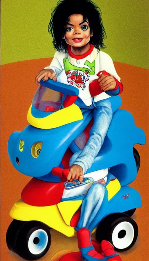 Image similar to michael jackson in a little tikes cozy coupe 1 9 8 9. portrait by jean giraud and anton otto fischer