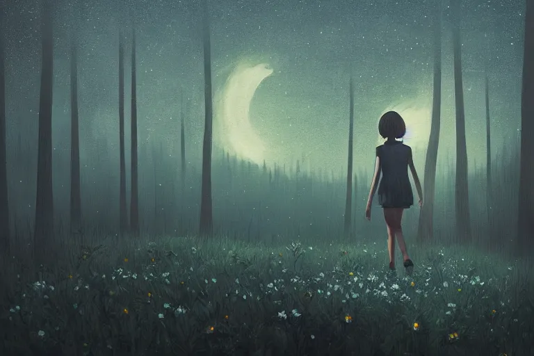 Image similar to giant daisy flower head, girl walking in a moonlit forest, hills, surreal photography, dark night, star trails, dramatic light, impressionist painting, clouds, digital painting, artstation, simon stalenhag