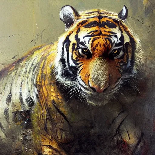 Prompt: crocodile morphed with tiger, highly detailed jeremy mann painting