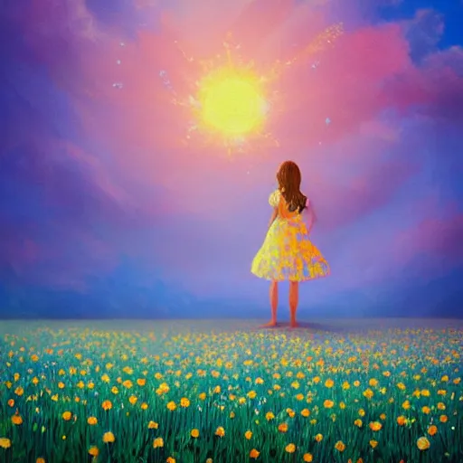 Prompt: face made of many daisies, girl standing barefoot in a flower field, holding flowers, surreal photography, sunrise dramatic light, impressionist painting, colorful clouds, large sky, digital painting, artstation, simon stalenhag, flower face