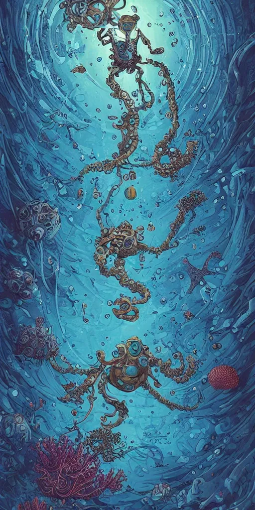 Image similar to a picture of mysterious colourful underwater sea life, being discovered by a man in a steampunk diving suit. water is deep aquamarine coloured. poster art by james jean, concept art, behance contest winner, very detailed, award - winning. lovecraftian, cosmic horror, bioluminescence.