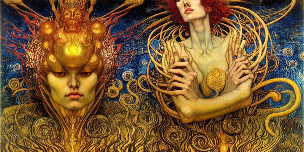 Image similar to Divine Chaos Engine by Karol Bak, Jean Delville, William Blake, Gustav Klimt, and Vincent Van Gogh, symbolist, visionary