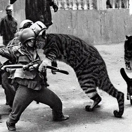 Prompt: A cat fighting a human army