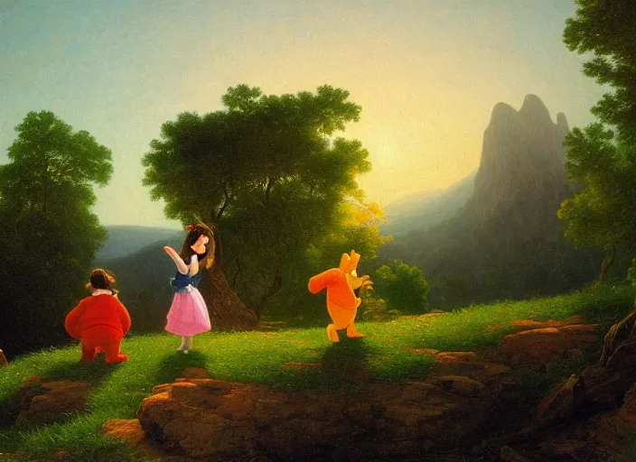 Image similar to american realist romanticism landscape painting of winnie the pooh characters at night, colorful paper lanterns, in the style of hudson river school and thomas cole and albert bierstadt and robert duncanson