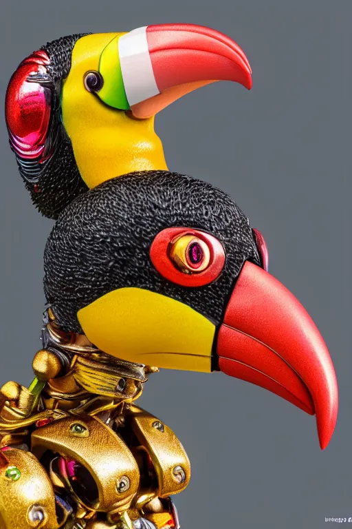 Image similar to a macro photo of a cyborg toucan miniature figurine, dynamic pose, chrome parts, intricate details, intricately detailed textures, warm lighting, vivid colors, realistic octane render, hyper realistic render, volumetric shading, depth of field, raytracing, 8 k,