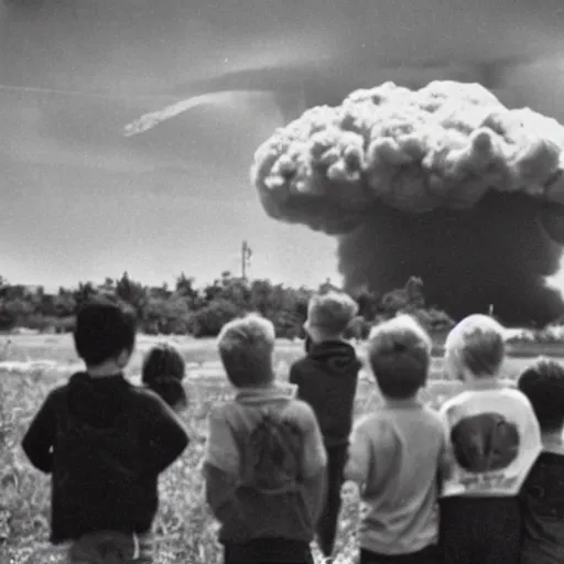 Prompt: group of kids watch as a nuclear bomb goes off in the background, nuclear detonation, burst, blow up, big mushroom cloud, group of kids watching an explosion in the distance