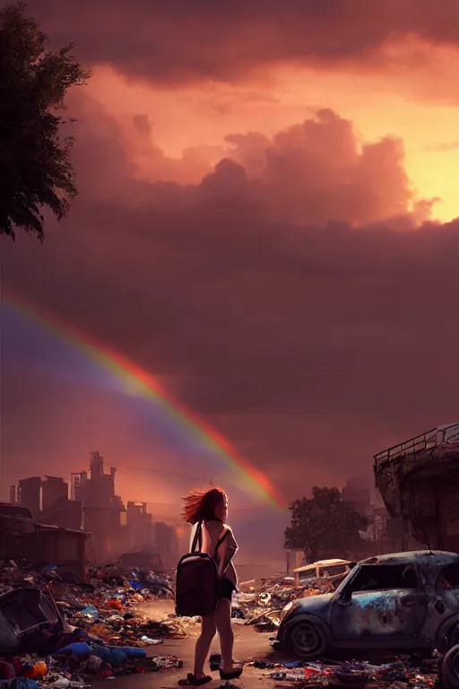 Image similar to young woman in mini short with backpack looking at food at garbage dump, destroyed cars, city is pure wasteland, moody sunset background, rays of sunlights, ( ( ( rainbow ) ) ), high details, sharp, photorealism, cinematic, greg rutkowski, artgerm, unreal engine, highly detailed