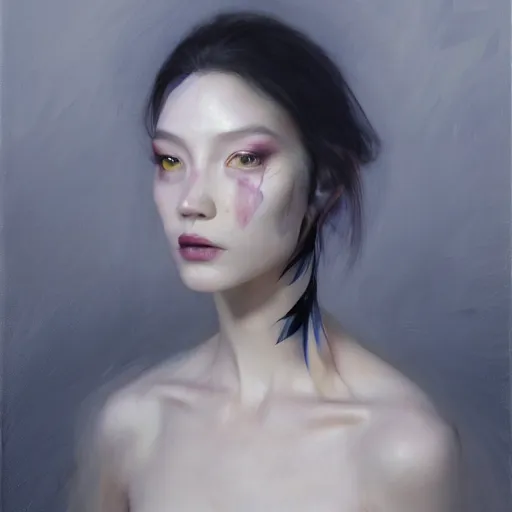 Image similar to yanjun cheng portrait of a beautiful dark fae woman, with black lips, gray mottled skin, black feathers instead of hair, feathers growing out of skin, modestly clothed, intricate, detailed, symmetric face, by wlop and karol bak and bouguereau and viktoria gavrilenko