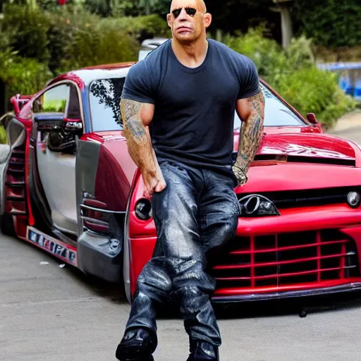 Prompt: Vin Diesel with a mulet beside a euro tuning car