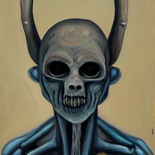 Prompt: humanoid creature, oil painting, horror