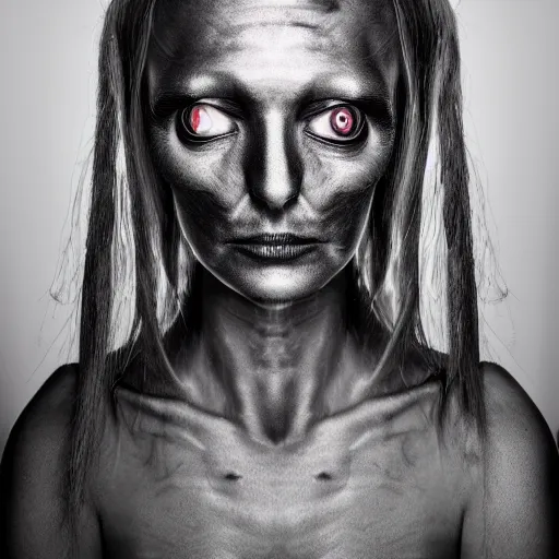 Image similar to studio portrait photography of a female grey humanoid hybrid extraterrestrial with large eyes