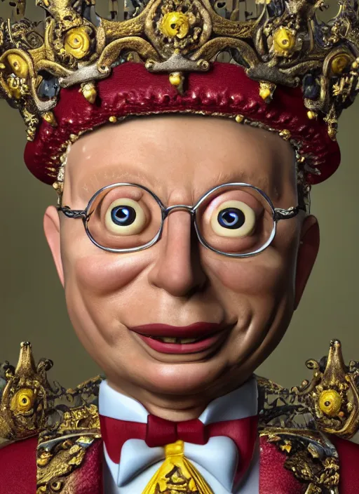 Image similar to closeup face profile portrait of tin toy klaus schwab as a fairytale prince wearing a crown eating cakes, depth of field, zeiss lens, detailed, symmetrical, centered, fashion photoshoot, by nicoletta ceccoli, mark ryden, lostfish, breathtaking, 8 k resolution, extremely detailed, beautiful, establishing shot, artistic, hyperrealistic, octane render