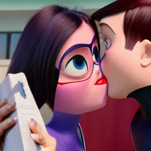 Prompt: violet parr kisses a fan in incredibles 2 movie