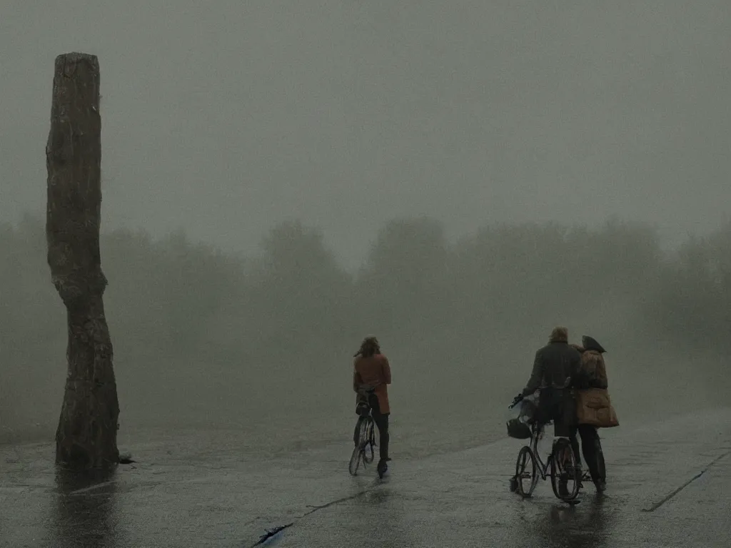 Prompt: A shot from a film directed by Martin de Thurah, shot by Kasper Tuxen, a love story, in the rain, in the future