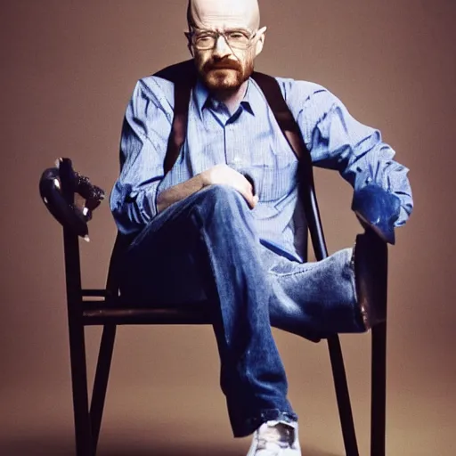 Prompt: walter white sitting on chair standing photo by annie leibovitz 8 0 mm lens bokeh